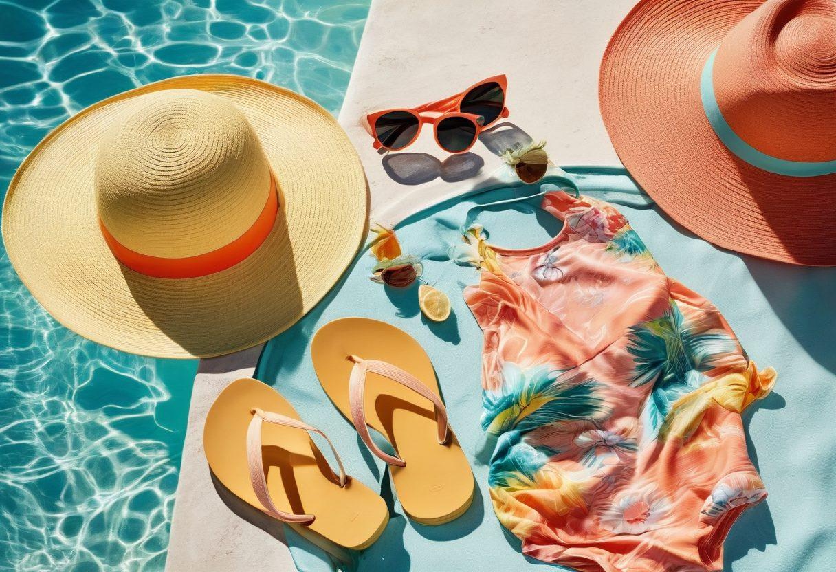 A vibrant scene showcasing an array of stylish summer attire laid out on a sunny poolside, with a beautiful beachfront in the background. Include colorful swimsuits, beach hats, sunglasses, and flip-flops scattered playfully. The sun's rays reflect on the sparkling water, while palm trees sway gently nearby to evoke a tropical vibe. Emphasize bright, cheerful colors to capture the essence of summer fun. super-realistic. vibrant colors. beach setting.