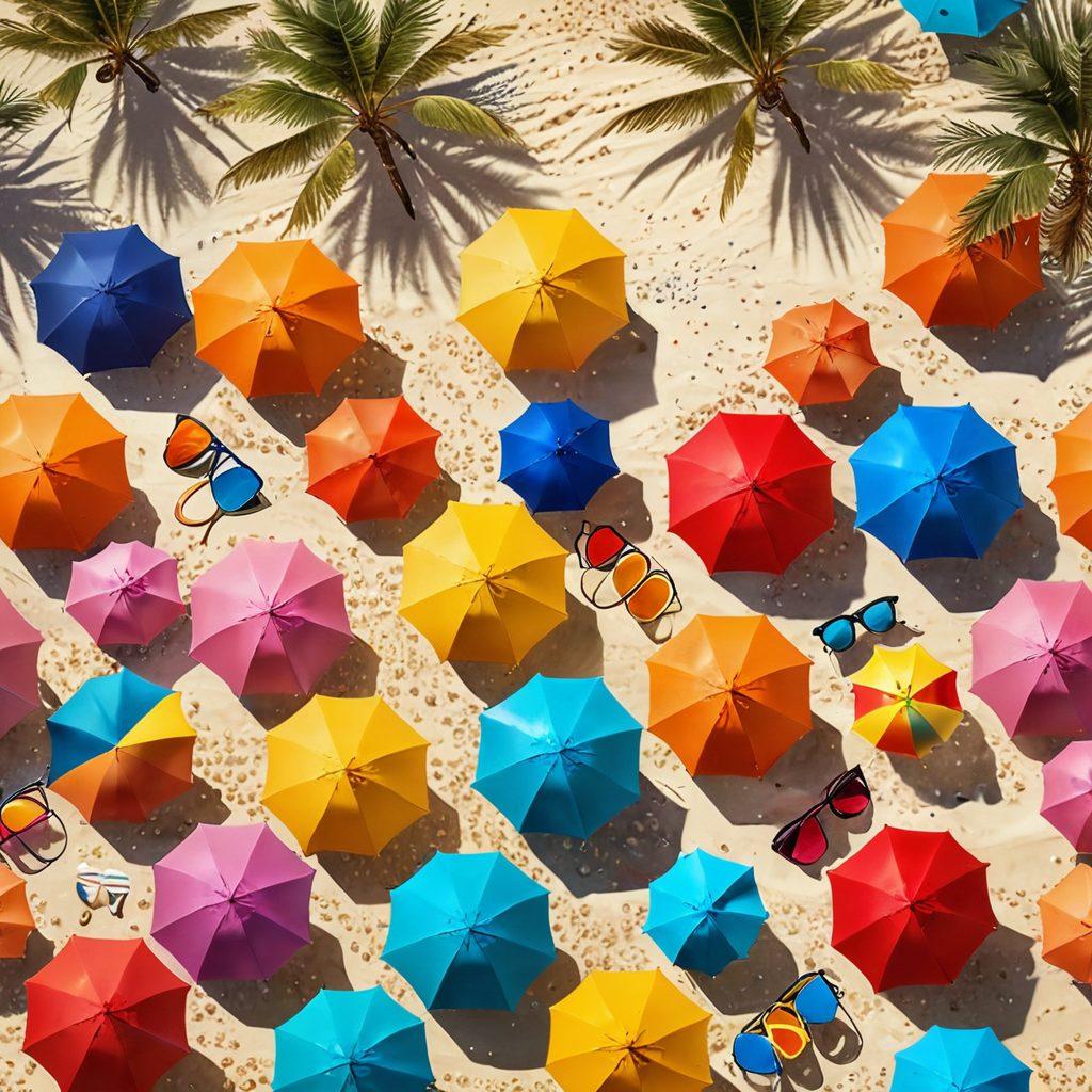 A vibrant beach scene featuring a diverse group of stylish individuals showcasing various swimwear and beach fashion. Include colorful umbrellas, tropical palm trees, and a sparkling ocean in the background. Highlight different swimwear designs, accessories like sunglasses and hats, and a cheerful summer vibe. Emphasize sunlight reflecting off the water and a playful atmosphere. super-realistic. bright colors. summer vibes.